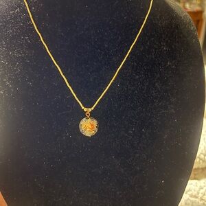 Vintage cloisonné Floral pendant and Gold colored Necklace